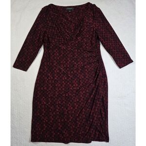 Ralph Lauren Faux Wrap Side Ruched 3/4 Sleeve Burgundy Red Geometric Dress
